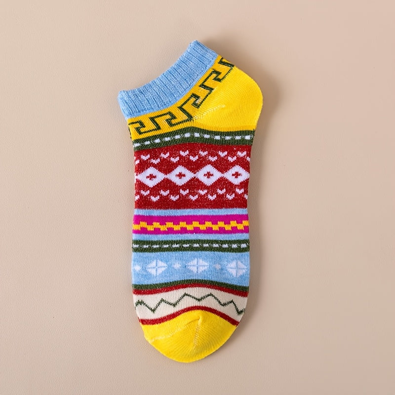 15 Pairs of Retro Ethnic-Style Short Socks for Spring And Summer with Contrasting Patterns, Trendy And Versatile Women'S Socks