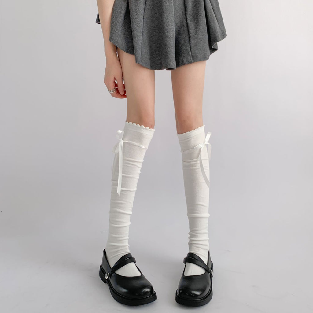Women's Bow Tie Lace-Up Thigh-High\u002FKnee-High Pile Socks - Over-the-Knee (OTK) Stockings for Jk Costume, Office, Uniforms - Hand Washable Winter hosiery with Bow Accent, Solid Color for matching