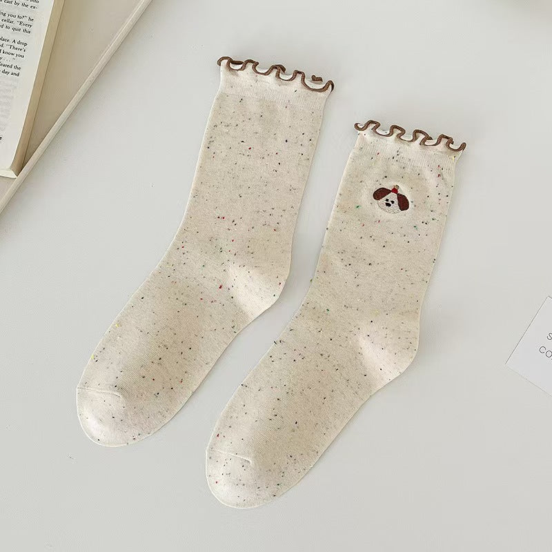 8 Pairs Women's Spring Summer Versatile Breathable Moisture-Wicking Lace Trim Crew Socks, Cute Dot Bow & Vintage Slouchy Socks, All-Season Comfortable Hosiery