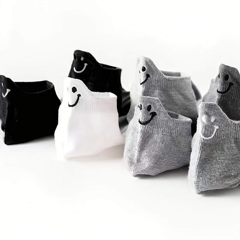 30-pair Mixed Color Black, White, and Gray Trendy Smiling Face Ankle Socks
