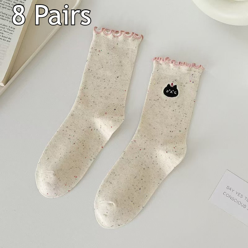 8 Pairs Women's Spring Summer Versatile Breathable Moisture-Wicking Lace Trim Crew Socks, Cute Dot Bow & Vintage Slouchy Socks, All-Season Comfortable Hosiery