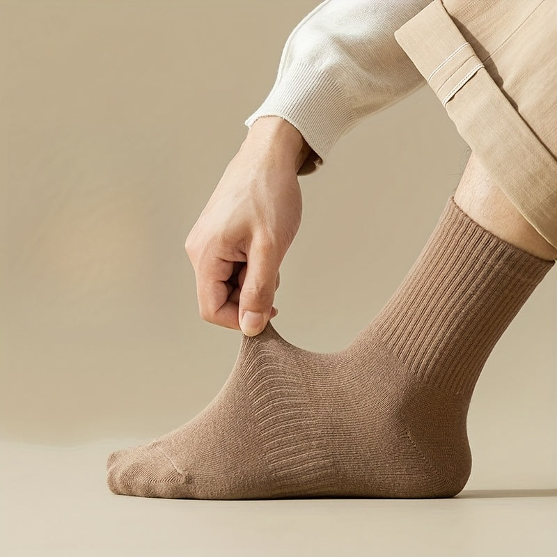 4 Pairs Men'S Mid-Calf Athletic Socks - Breathable, Anti-Pilling, Highly Elastic, Solid Colors (White, Beige, Brown, Black) for Fall & Winter Sports, Breathable Socks | Retro Style Socks | Durable Socks, Sweat-Resistant