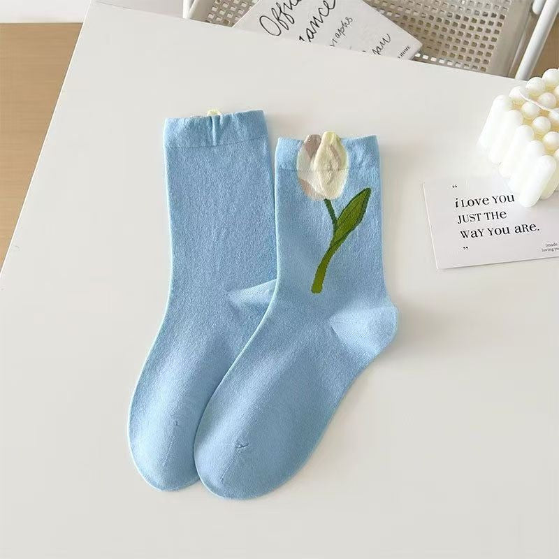 10\u002F20\u002F30 Pairs of New Women'S Spring And Autumn Boneless Socks, Tulip Mid-Length Socks, Sweet And Versatile Long Socks Suitable for All Seasons