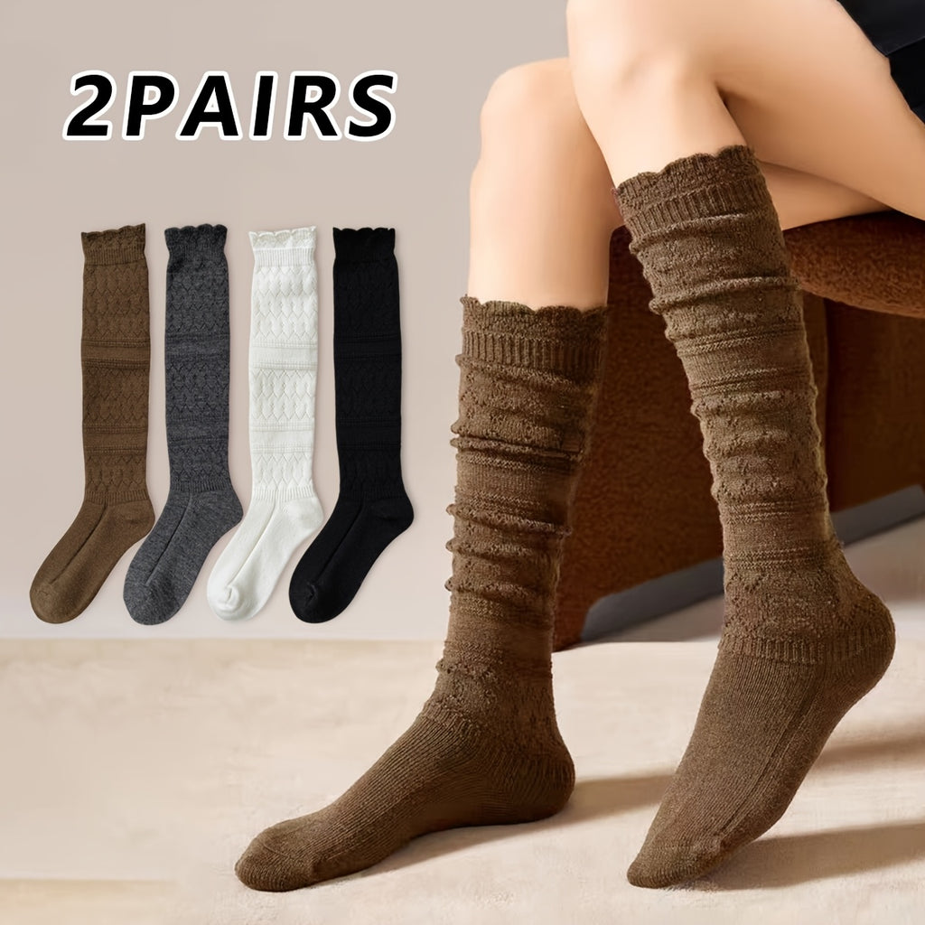 2-Pack Women's Lace Calf Socks, Vintage Hollow-Out Over-the-Calf Socks for Spring and Autumn, Elegant and Fashionable Instagram Style