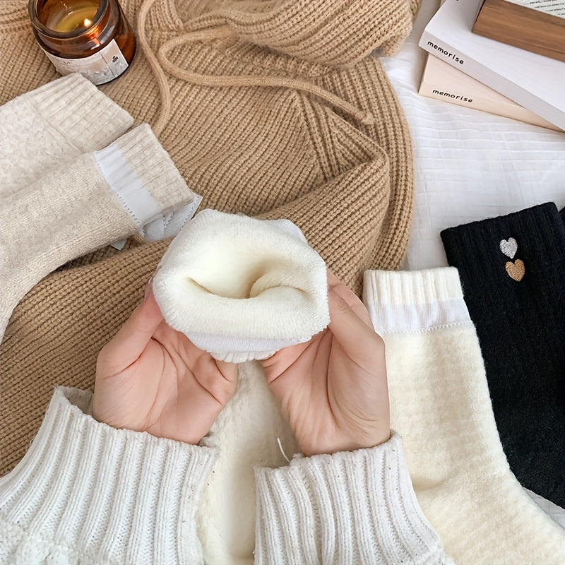 5 Pairs of Winter Thickened Heart Socks, Women's Autumn and Winter Thick Towel Socks, White Warm Mid-Calf Socks, Simple Versatile Mid-Calf Socks
