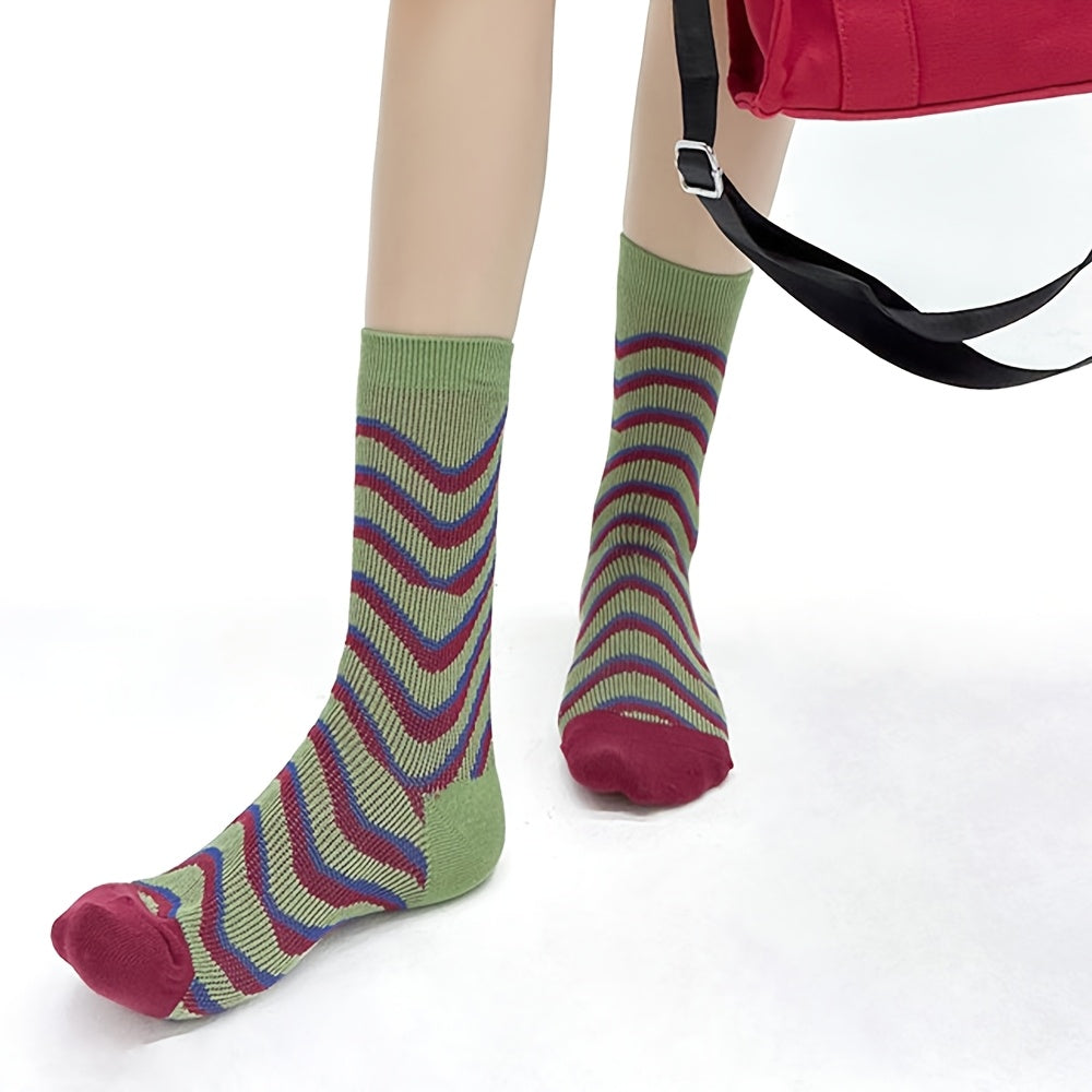 Vintage | Geometric 3 Pairs Women's Socks | Vintage Diamond Wave Stripes, Geometric Pattern, Mid-Calf, Artistic Pile, British Style, Hand Wash