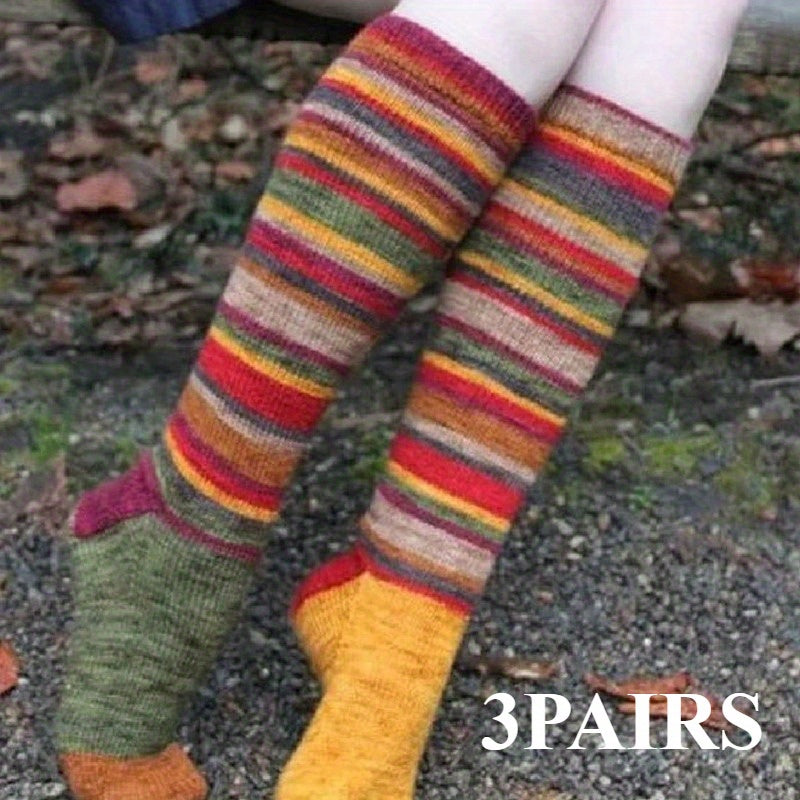 3-Pair Value Pack Women's Over-the-Knee Socks with Asymmetric Striped Design, European and American Trendy Rainbow Style, Rainbow-Colored Sporty Style