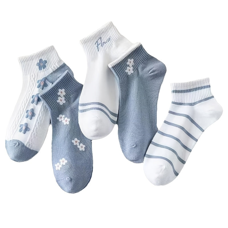 5 Pairs\u002F10 Pairs of Women'S Floral Short Socks for Spring And Summer, Comfortable, Cute, Sweet, Breathable, And Versatile