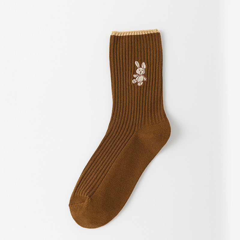 Women'S New Socks, Medium Tube Socks with a Japanese Double-Needle Bunny Design in Solid Colors