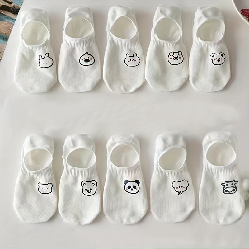 10\u002F20 Pairs of Women'S Cartoon Pattern Low-Cut Invisible Socks, Summer Anti-Slip Short Style, Fiber And Fabric