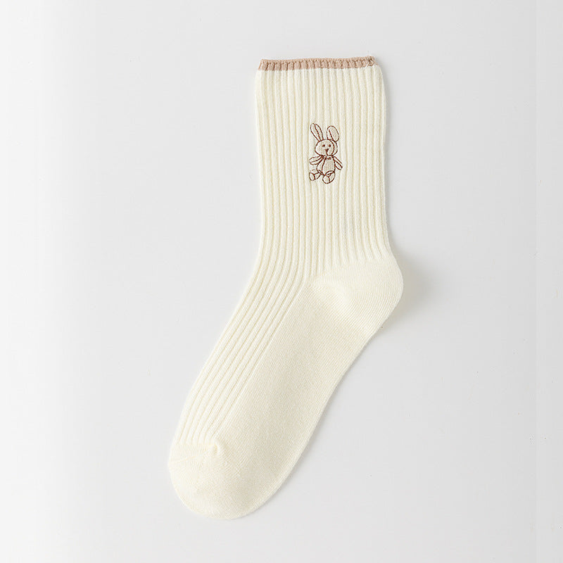 Women'S New Socks, Medium Tube Socks with a Japanese Double-Needle Bunny Design in Solid Colors