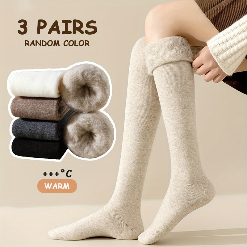 3 Pairs of Women'S Thickened Warm Over-The-Knee Socks - Extreme Cold Protection - Beige\u002F Black\u002F Grey - Daily And Special Occasions, Winter Thermal Socks, Ribbed Edges, Fleece Lining, Soft Material, Outdoor Thermal Socks