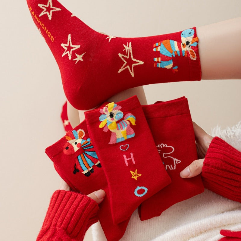 5 pairs of Festive Wedding Socks | Big Red Cartoon Rainbow Horse Chinese New Year Female Medium Tube Socks, Acrylic, Fabric, Geometric Pattern, Hand Wash or Professional Dry Clean
