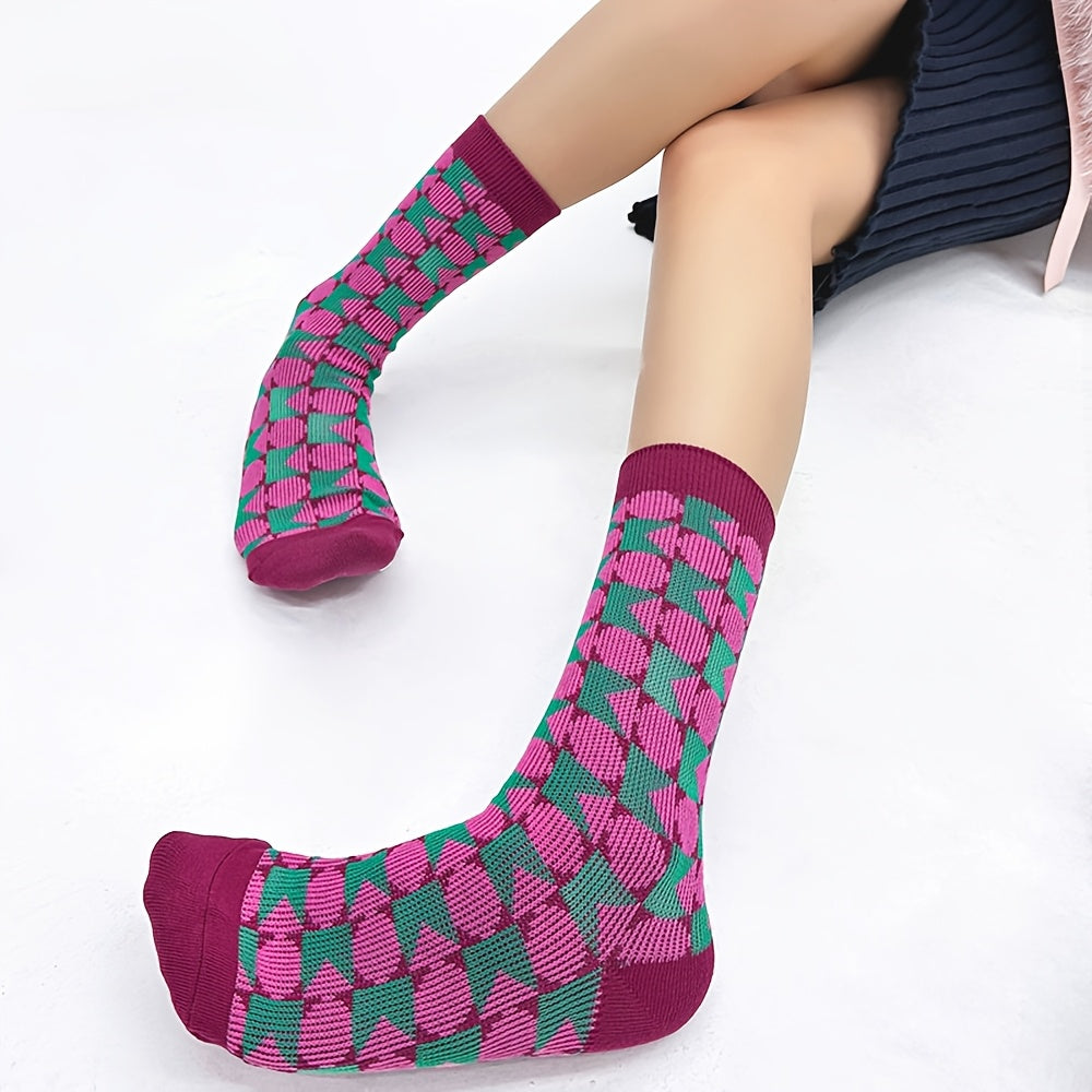 Vintage | Geometric 3 Pairs Women's Socks | Vintage Diamond Wave Stripes, Geometric Pattern, Mid-Calf, Artistic Pile, British Style, Hand Wash
