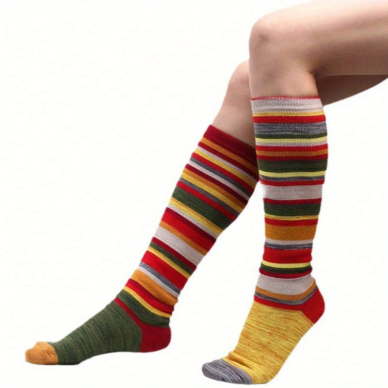 3-Pair Value Pack Women's Over-the-Knee Socks with Asymmetric Striped Design, European and American Trendy Rainbow Style, Rainbow-Colored Sporty Style