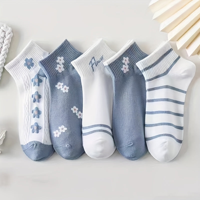 5 Pairs\u002F10 Pairs of Women'S Floral Short Socks for Spring And Summer, Comfortable, Cute, Sweet, Breathable, And Versatile
