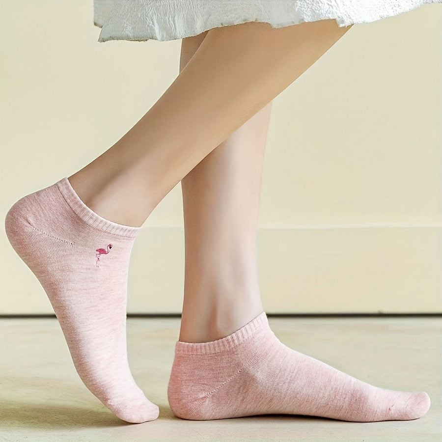 5-Pack Women's Embroidered Flamingo Pattern Casual Ankle Socks