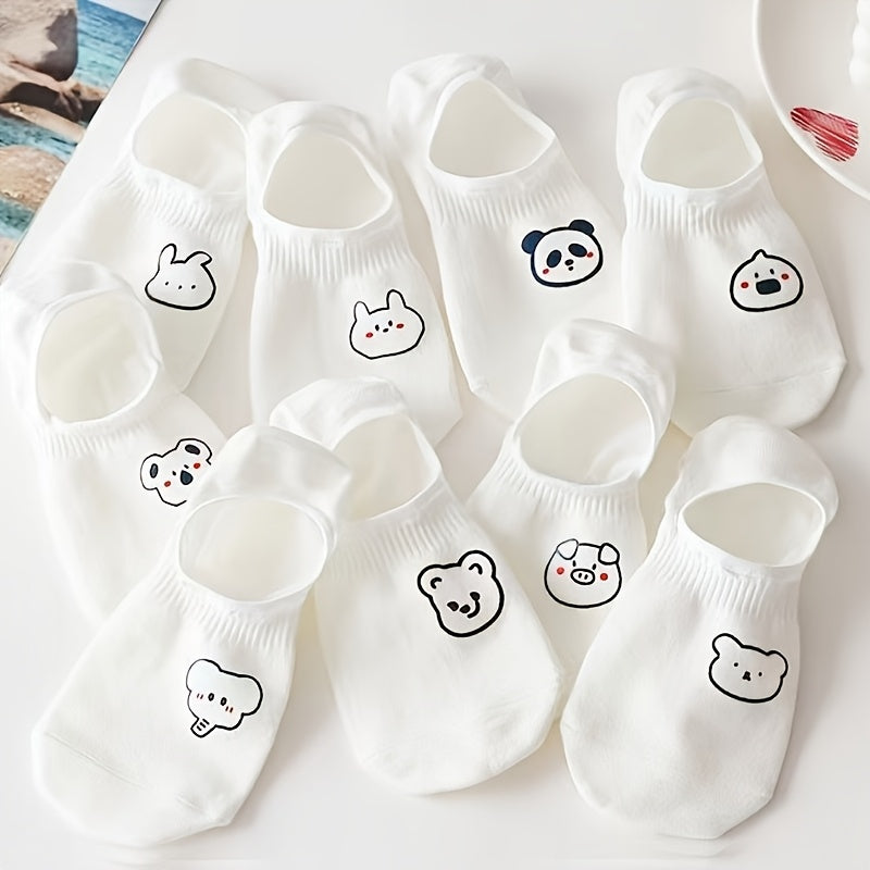 10\u002F20 Pairs of Women'S Cartoon Pattern Low-Cut Invisible Socks, Summer Anti-Slip Short Style, Fiber And Fabric