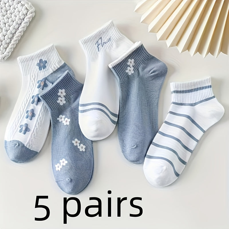 5 Pairs\u002F10 Pairs of Women'S Floral Short Socks for Spring And Summer, Comfortable, Cute, Sweet, Breathable, And Versatile