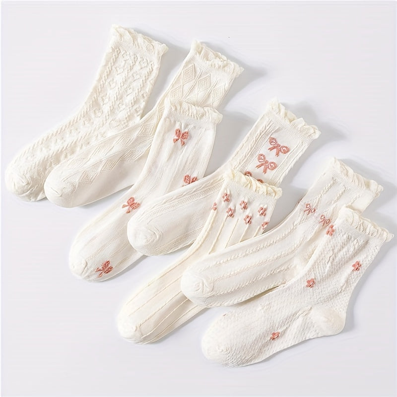 5\u002F7 Pairs of Bowknot Ruffled Socks, Sweet And Cute Mid-Calf Socks, Women'S Long Socks And Stockings