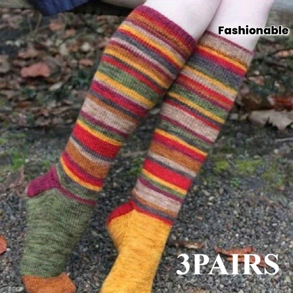 3-Pair Value Pack Women's Over-the-Knee Socks with Asymmetric Striped Design, European and American Trendy Rainbow Style, Rainbow-Colored Sporty Style