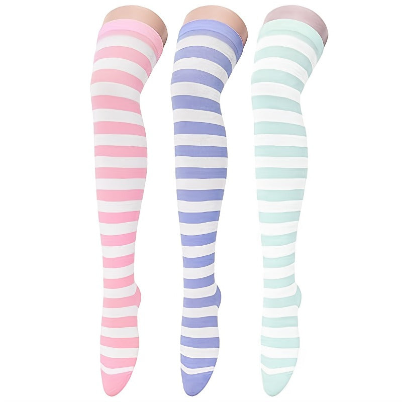 3-pc, Girls' Cute Color Striped Socks, Over-Knee Socks, Thigh-High Over-Knee Socks - Striped Boot Socks And Leg Warmers for Daily, Sports And Cosplay