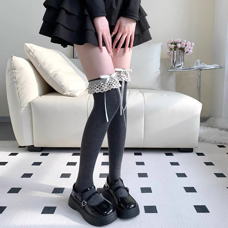 Women's Bow Tie Lace-Up Thigh-High\u002FKnee-High Pile Socks - Over-the-Knee (OTK) Stockings for Jk Costume, Office, Uniforms - Hand Washable Winter hosiery with Bow Accent, Solid Color for matching