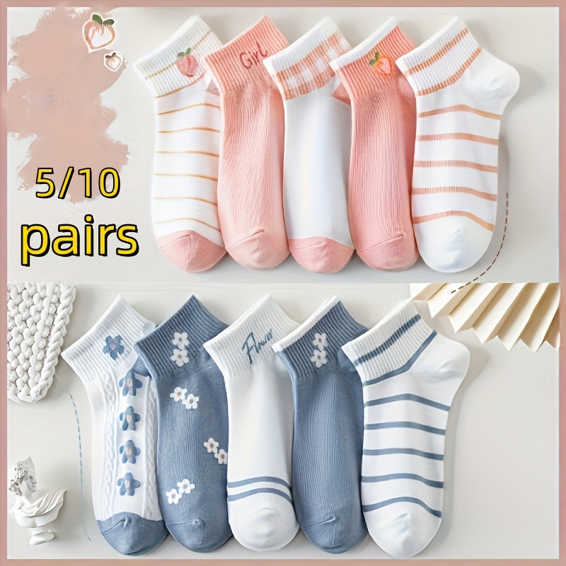 5 Pairs\u002F10 Pairs of Women'S Floral Short Socks for Spring And Summer, Comfortable, Cute, Sweet, Breathable, And Versatile
