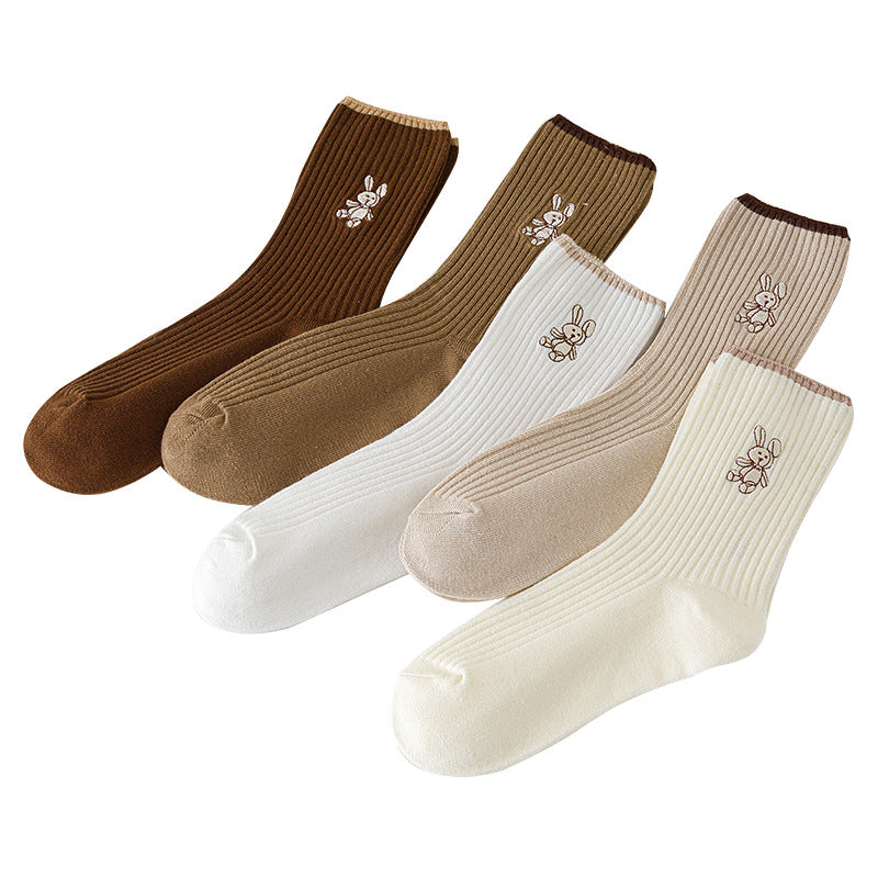 Women'S New Socks, Medium Tube Socks with a Japanese Double-Needle Bunny Design in Solid Colors
