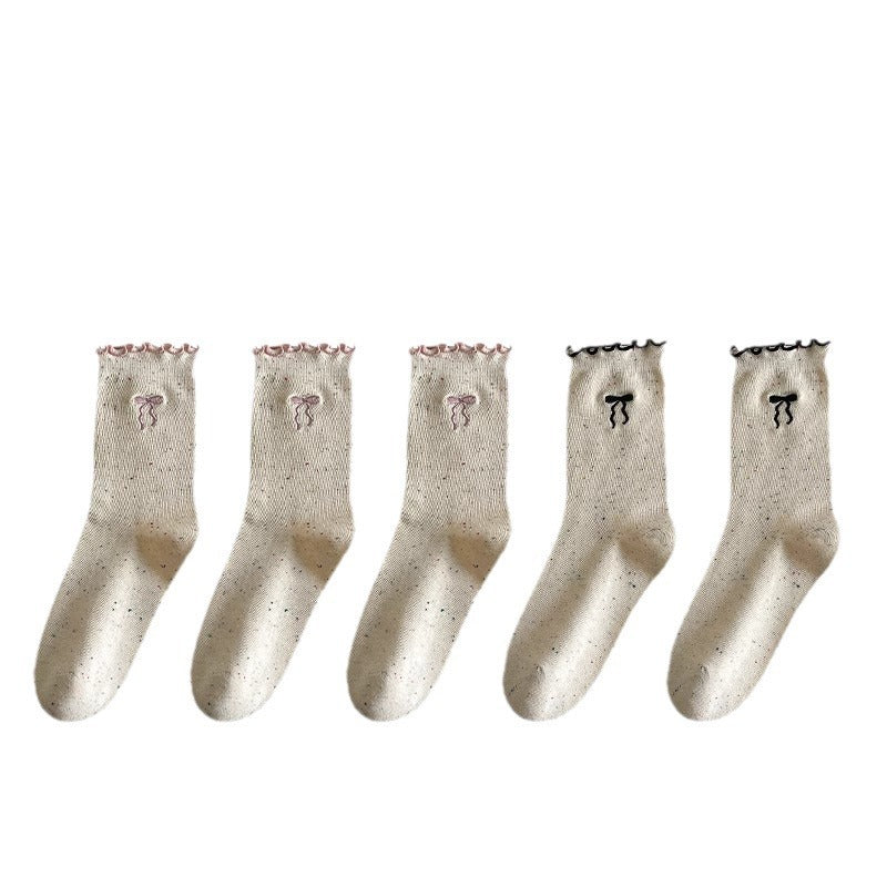 8 Pairs Women's Spring Summer Versatile Breathable Moisture-Wicking Lace Trim Crew Socks, Cute Dot Bow & Vintage Slouchy Socks, All-Season Comfortable Hosiery