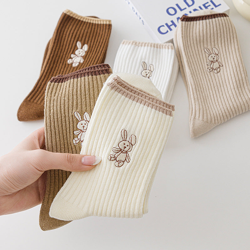 Women'S New Socks, Medium Tube Socks with a Japanese Double-Needle Bunny Design in Solid Colors