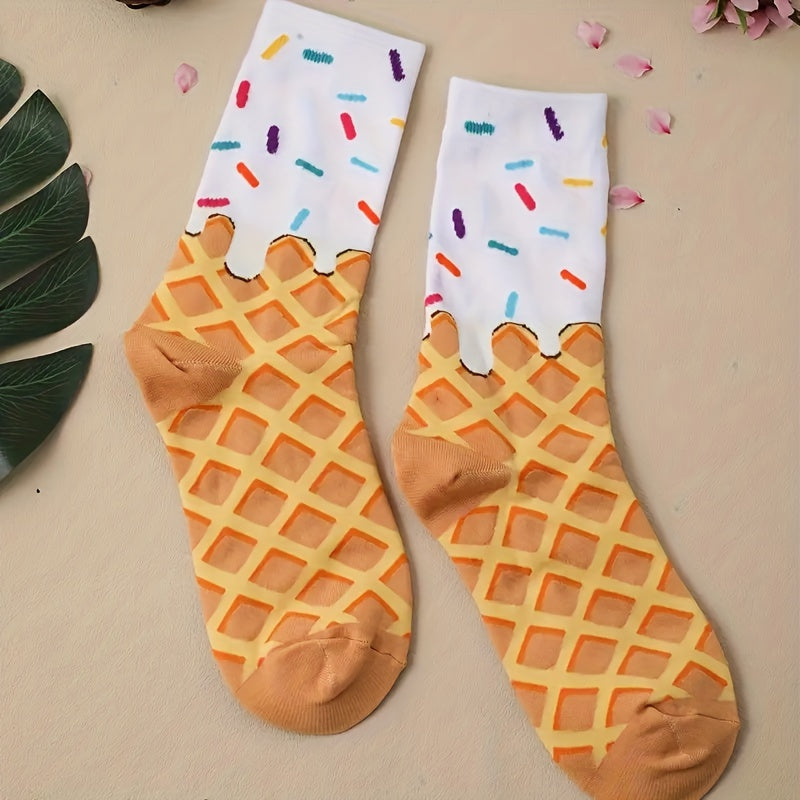 A Pair of Cartoon College Breathable Ice Cream Cake Women's Mid Tube Socks M