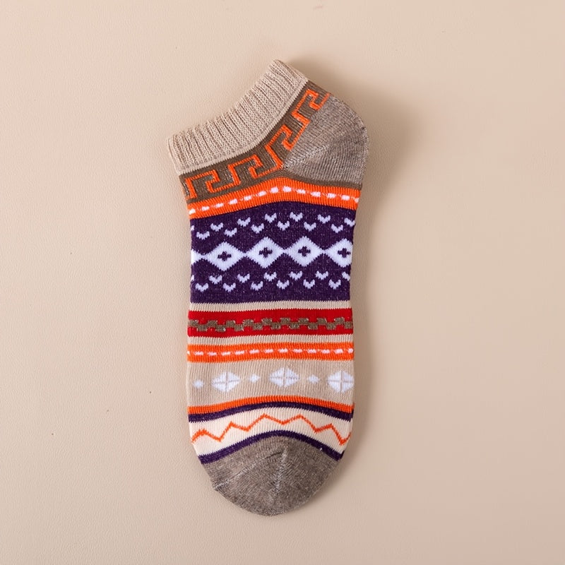 15 Pairs of Retro Ethnic-Style Short Socks for Spring And Summer with Contrasting Patterns, Trendy And Versatile Women'S Socks