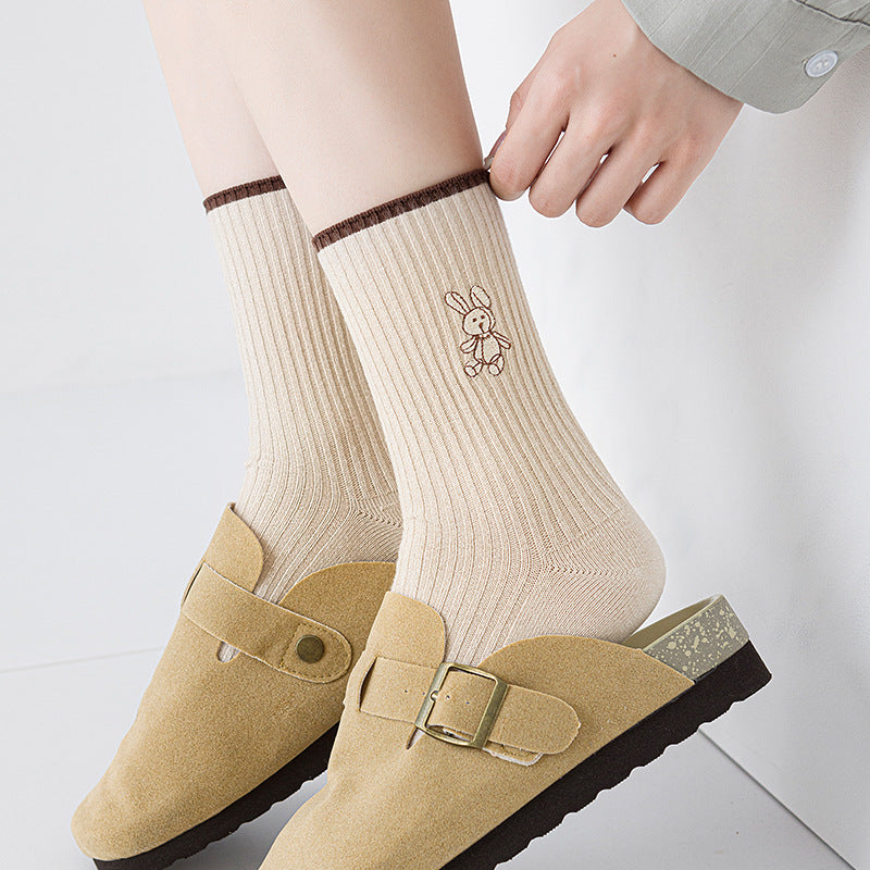 Women'S New Socks, Medium Tube Socks with a Japanese Double-Needle Bunny Design in Solid Colors
