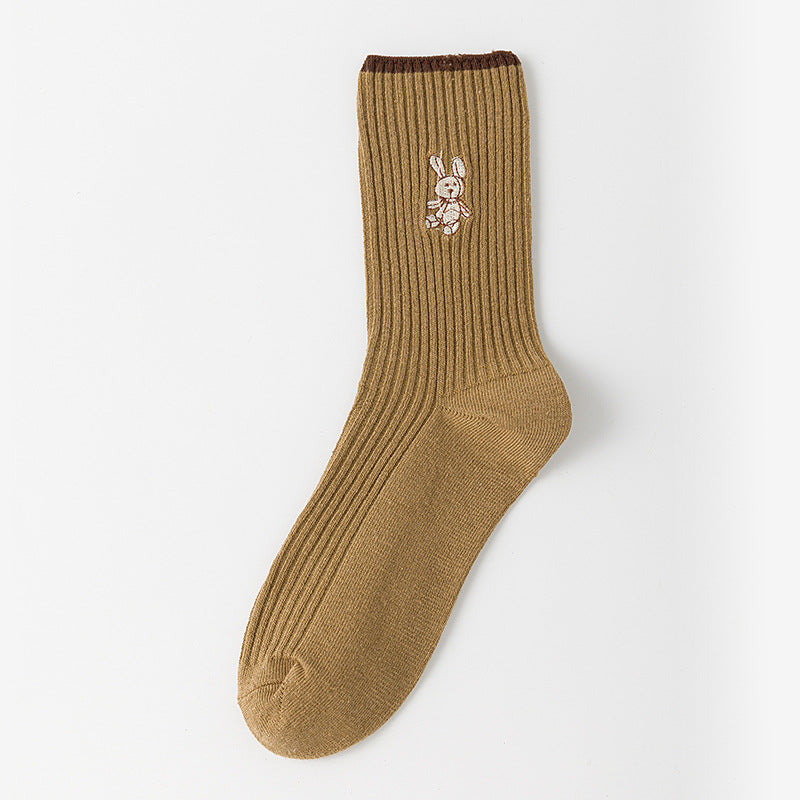 Women'S New Socks, Medium Tube Socks with a Japanese Double-Needle Bunny Design in Solid Colors