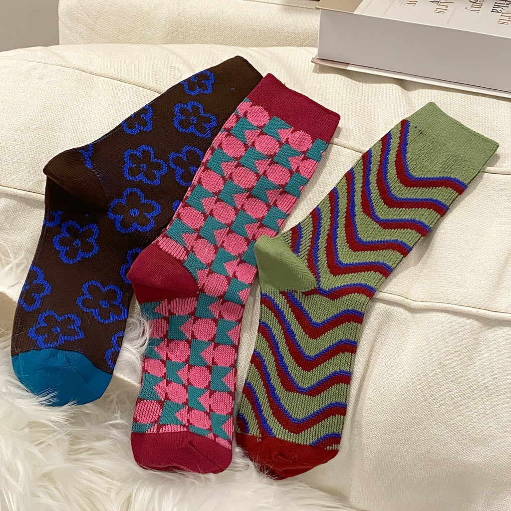 Vintage | Geometric 3 Pairs Women's Socks | Vintage Diamond Wave Stripes, Geometric Pattern, Mid-Calf, Artistic Pile, British Style, Hand Wash