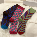 Vintage | Geometric 3 Pairs Women's Socks | Vintage Diamond Wave Stripes, Geometric Pattern, Mid-Calf, Artistic Pile, British Style, Hand Wash