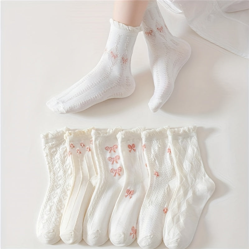 5\u002F7 Pairs of Bowknot Ruffled Socks, Sweet And Cute Mid-Calf Socks, Women'S Long Socks And Stockings