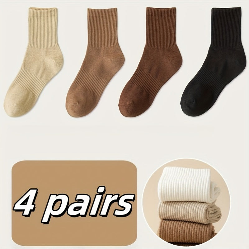 4 Pairs Men'S Mid-Calf Athletic Socks - Breathable, Anti-Pilling, Highly Elastic, Solid Colors (White, Beige, Brown, Black) for Fall & Winter Sports, Breathable Socks | Retro Style Socks | Durable Socks, Sweat-Resistant