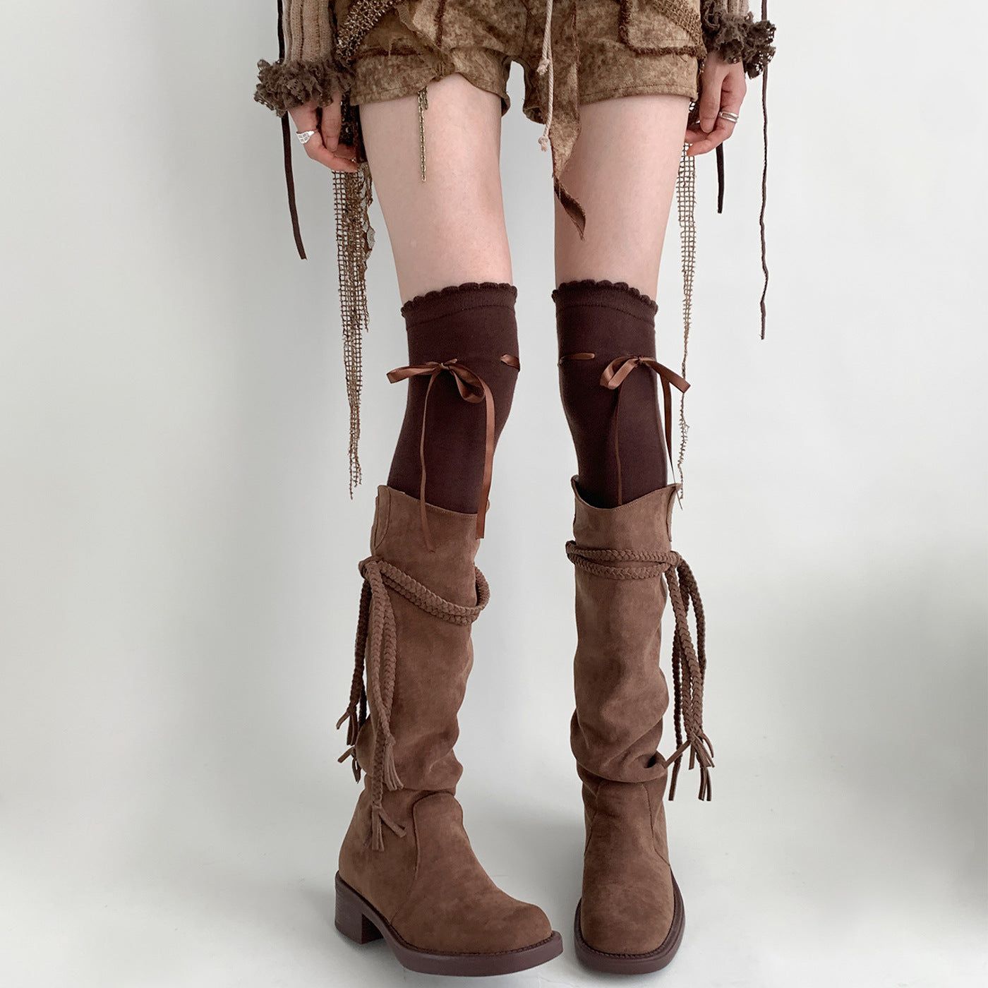 Women's Bow Tie Lace-Up Thigh-High\u002FKnee-High Pile Socks - Over-the-Knee (OTK) Stockings for Jk Costume, Office, Uniforms - Hand Washable Winter hosiery with Bow Accent, Solid Color for matching