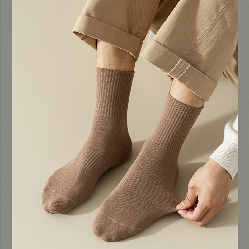 4 Pairs Men'S Mid-Calf Athletic Socks - Breathable, Anti-Pilling, Highly Elastic, Solid Colors (White, Beige, Brown, Black) for Fall & Winter Sports, Breathable Socks | Retro Style Socks | Durable Socks, Sweat-Resistant