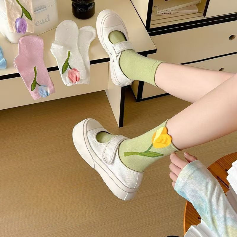 10\u002F20\u002F30 Pairs of New Women'S Spring And Autumn Boneless Socks, Tulip Mid-Length Socks, Sweet And Versatile Long Socks Suitable for All Seasons