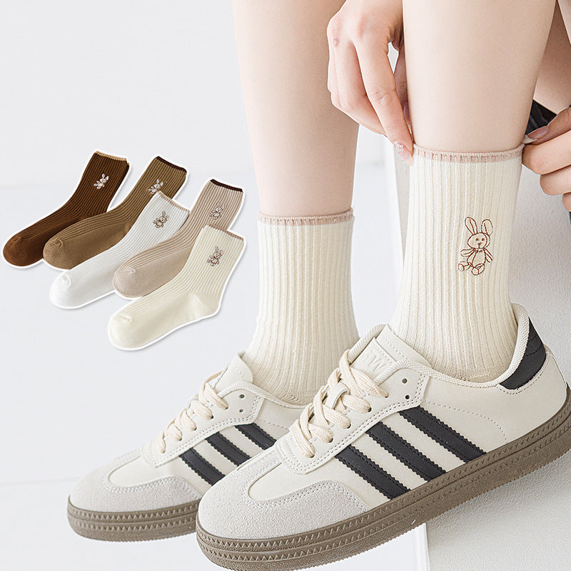 Women'S New Socks, Medium Tube Socks with a Japanese Double-Needle Bunny Design in Solid Colors