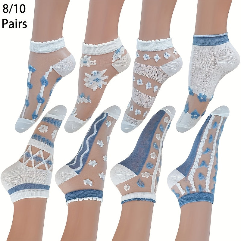 8\u002F10 Pairs Summer Thin Cool Breathable Hollow Glass Socks Ultra-Thin Mesh Cassette Short Socks