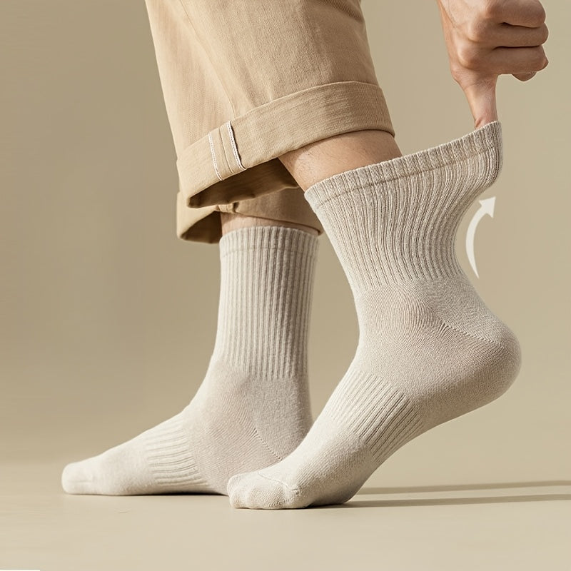 4 Pairs Men'S Mid-Calf Athletic Socks - Breathable, Anti-Pilling, Highly Elastic, Solid Colors (White, Beige, Brown, Black) for Fall & Winter Sports, Breathable Socks | Retro Style Socks | Durable Socks, Sweat-Resistant