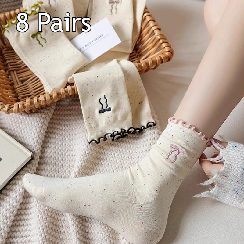 8 Pairs Women's Spring Summer Versatile Breathable Moisture-Wicking Lace Trim Crew Socks, Cute Dot Bow & Vintage Slouchy Socks, All-Season Comfortable Hosiery