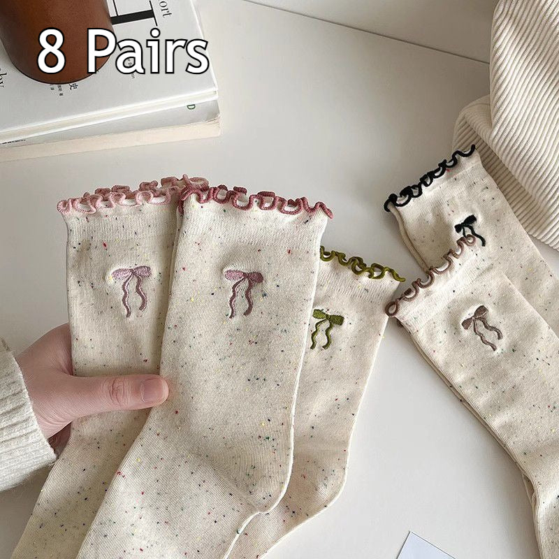8 Pairs Women's Spring Summer Versatile Breathable Moisture-Wicking Lace Trim Crew Socks, Cute Dot Bow & Vintage Slouchy Socks, All-Season Comfortable Hosiery