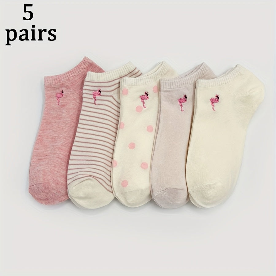 5-Pack Women's Embroidered Flamingo Pattern Casual Ankle Socks