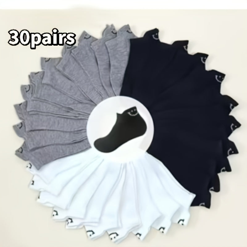 30-pair Mixed Color Black, White, and Gray Trendy Smiling Face Ankle Socks