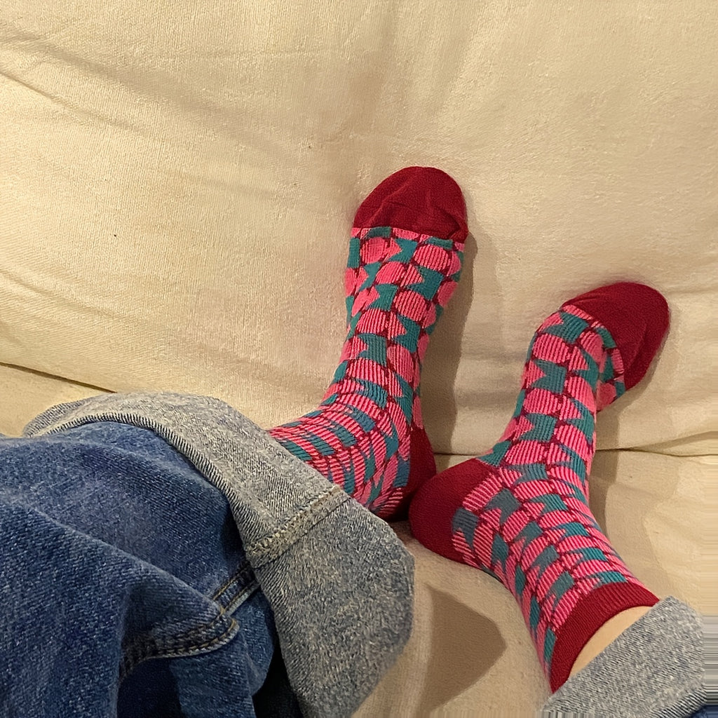 Vintage | Geometric 3 Pairs Women's Socks | Vintage Diamond Wave Stripes, Geometric Pattern, Mid-Calf, Artistic Pile, British Style, Hand Wash